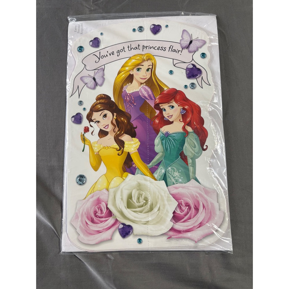 Disney Princess Birthday Card Belle Ariel Rapunzel Gemstone Glitter Oversize 3pk